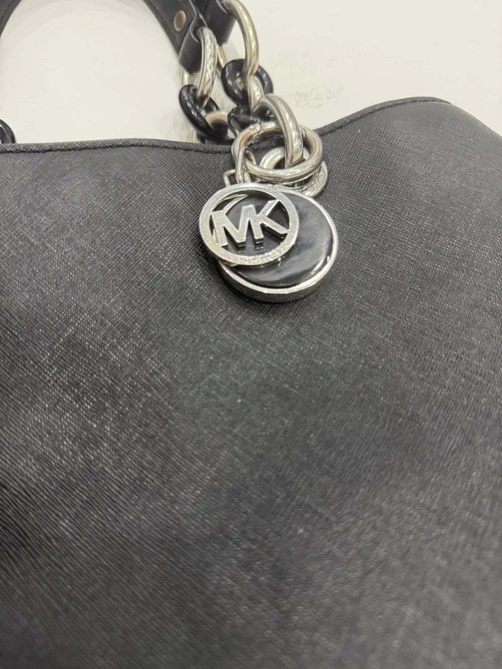 MICHAEL KORS Black Tote Shoulder Bag Silver Chain Strap MK Charm Classic
